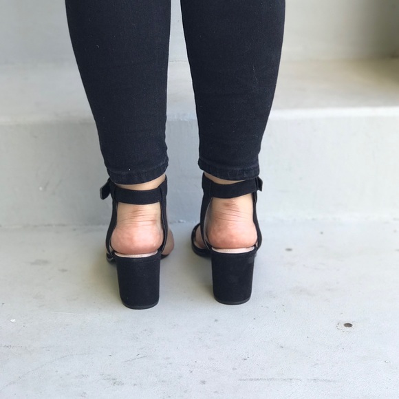 Black Ankle Strap Embellished Block Heel Sandals - Picture 4 of 7